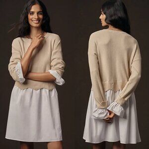 English Factory Linen Blend Long Sleeve Sweater Twofer Mini Dress